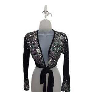 Y2K Black Sequin Beaded Tie Front Crop‎ Top Bolero Cardigan Sheer Floral S Party